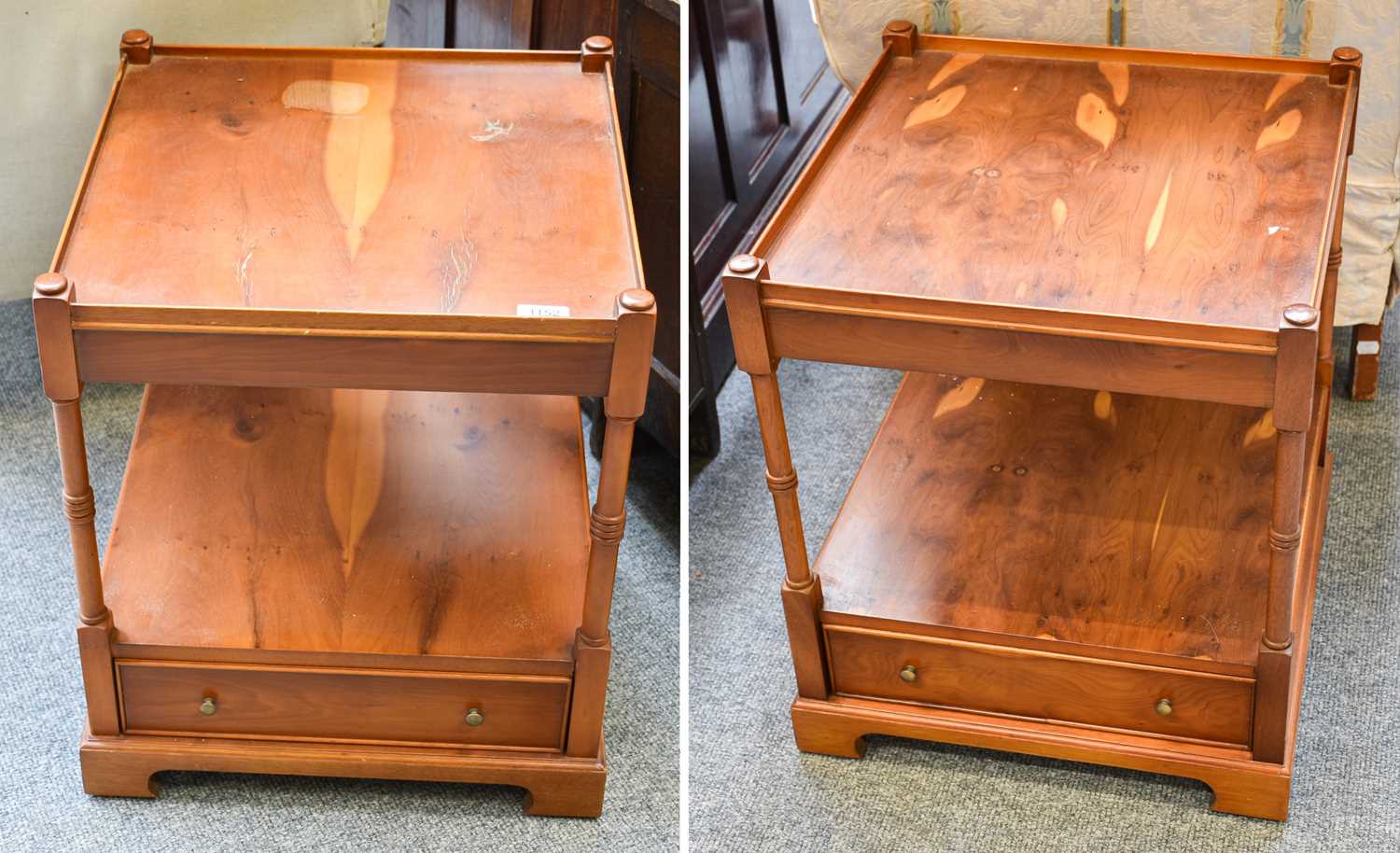 A Pair of Barton Reproduction Yew Wood Two Tier Bedside Tables, with ring turned supports and each - Bild 4 aus 4