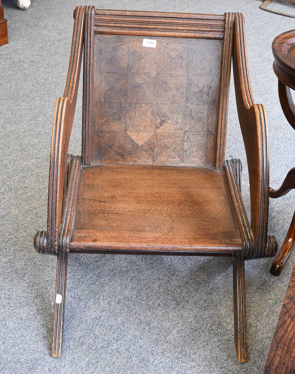 A Victorian Parquetry Inlaid Oak Glastonbury Chair, solid back and seat, on X-frame - Bild 2 aus 2