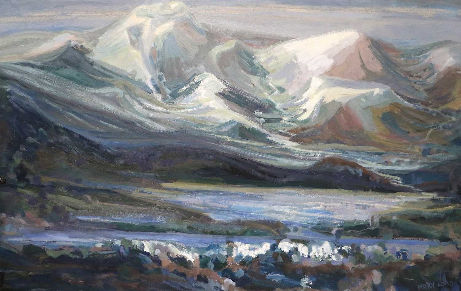 Mary Lord (b.1931) ''Mountains over the Bay'' Signed, signed and inscribed verso, oil on board, 95cm