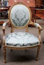 A French Gilt Fauteuil, with green Damask seat and back