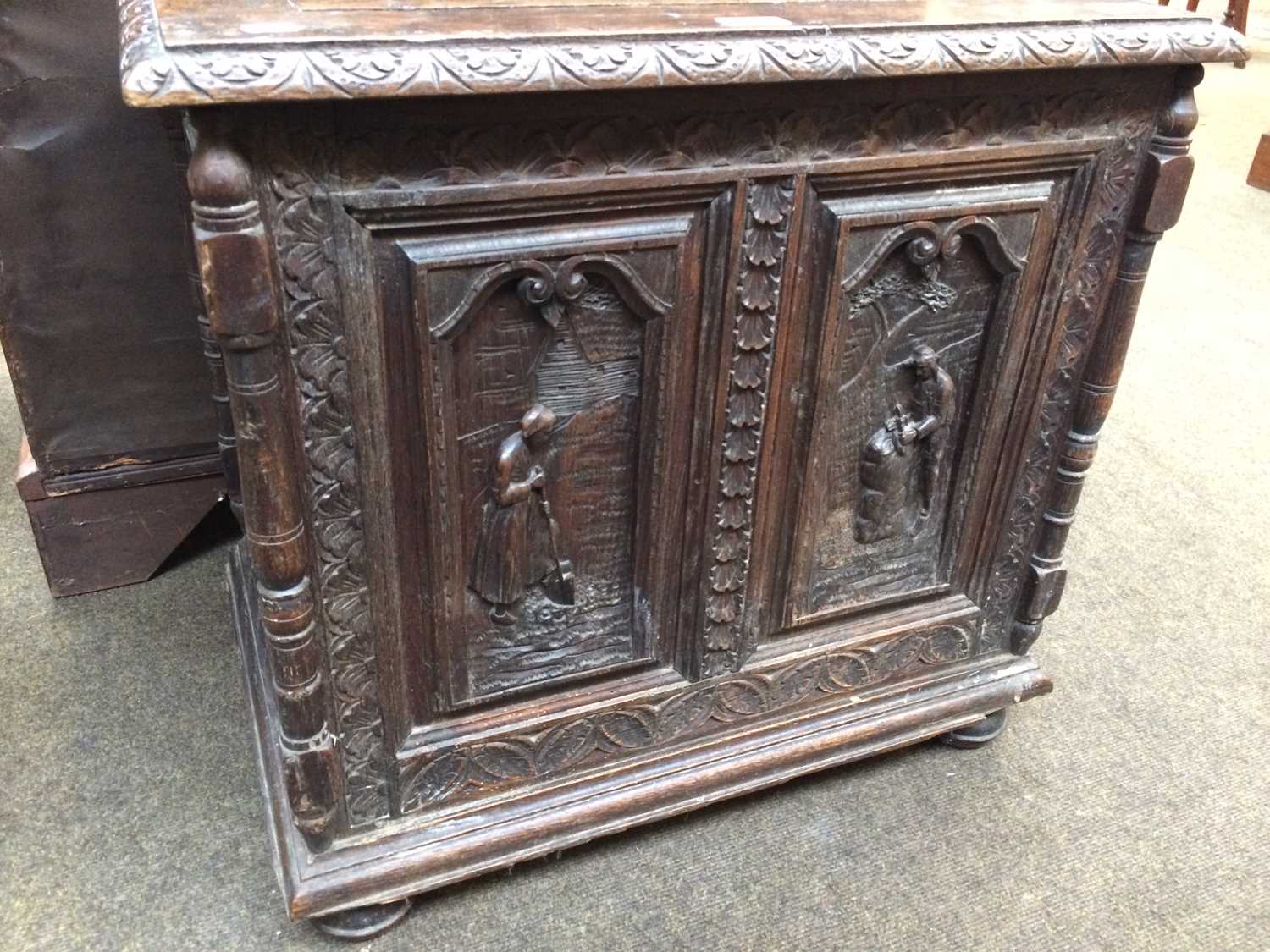 A Carved Oak Chest, some earlier timbers, with hinged lid, elaborate figural panels to the front and - Image 4 of 8