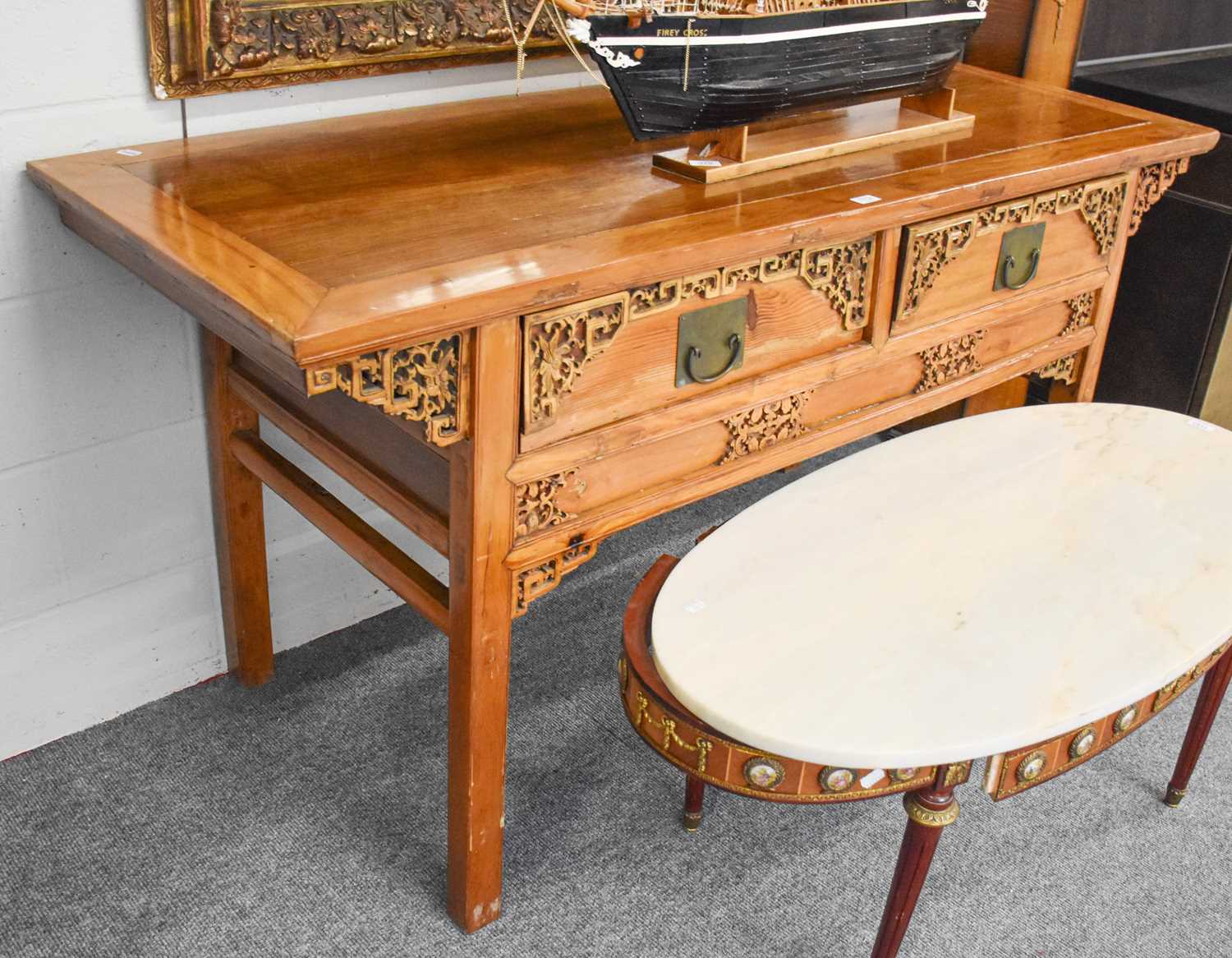 A Chinese Hardwood Side Table, fitted with two drawers, carved stylised decoration,raised on - Bild 2 aus 2