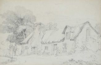 Attributed to Hugh O'Neill (1784–1824) Figures conversing outside a thatched cottage Labelled