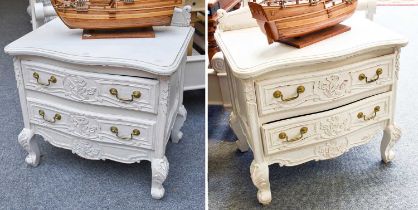 A Pair of French Style White Painted Serpentine Chests of Two Drawers, 65cm by 71cm by 50cm