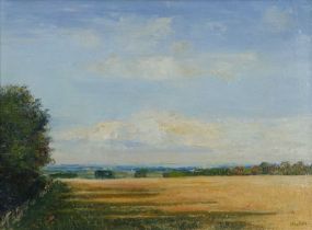 David Walsh (b.1958) "Late Summer Landscape above Bowerchalk, Wiltshire" Signed, signed, inscribed