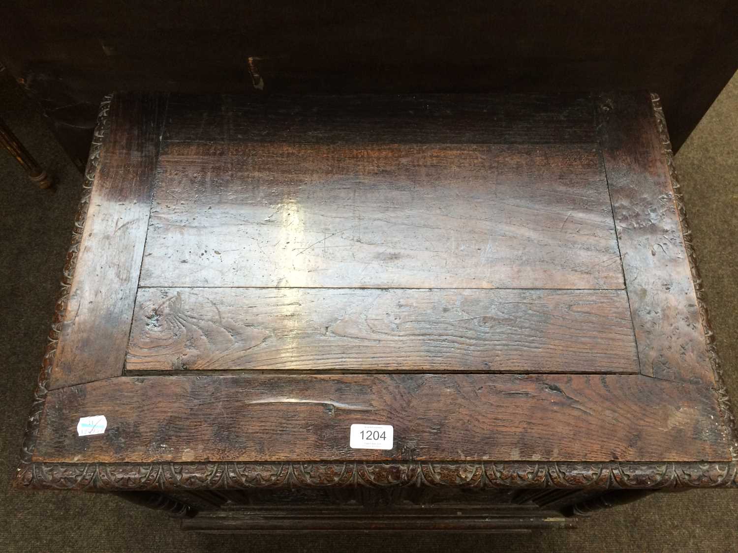 A Carved Oak Chest, some earlier timbers, with hinged lid, elaborate figural panels to the front and - Image 5 of 8