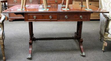 A Regency Mahogany Rosewood Crossbanded Sofa Table, two drawers opposite two dummy drawers,