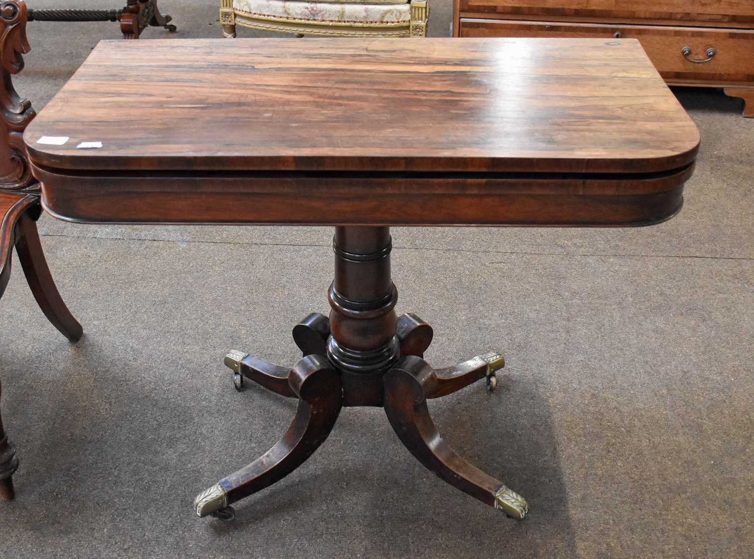 A Regency Rosewood Fold Over Card Table with green baize inset, raised on turned column to four - Bild 2 aus 2