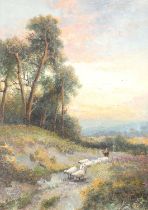 M* Ansell (20th Century) A figure droving sheep in evening light Signed, oil on canvas board,