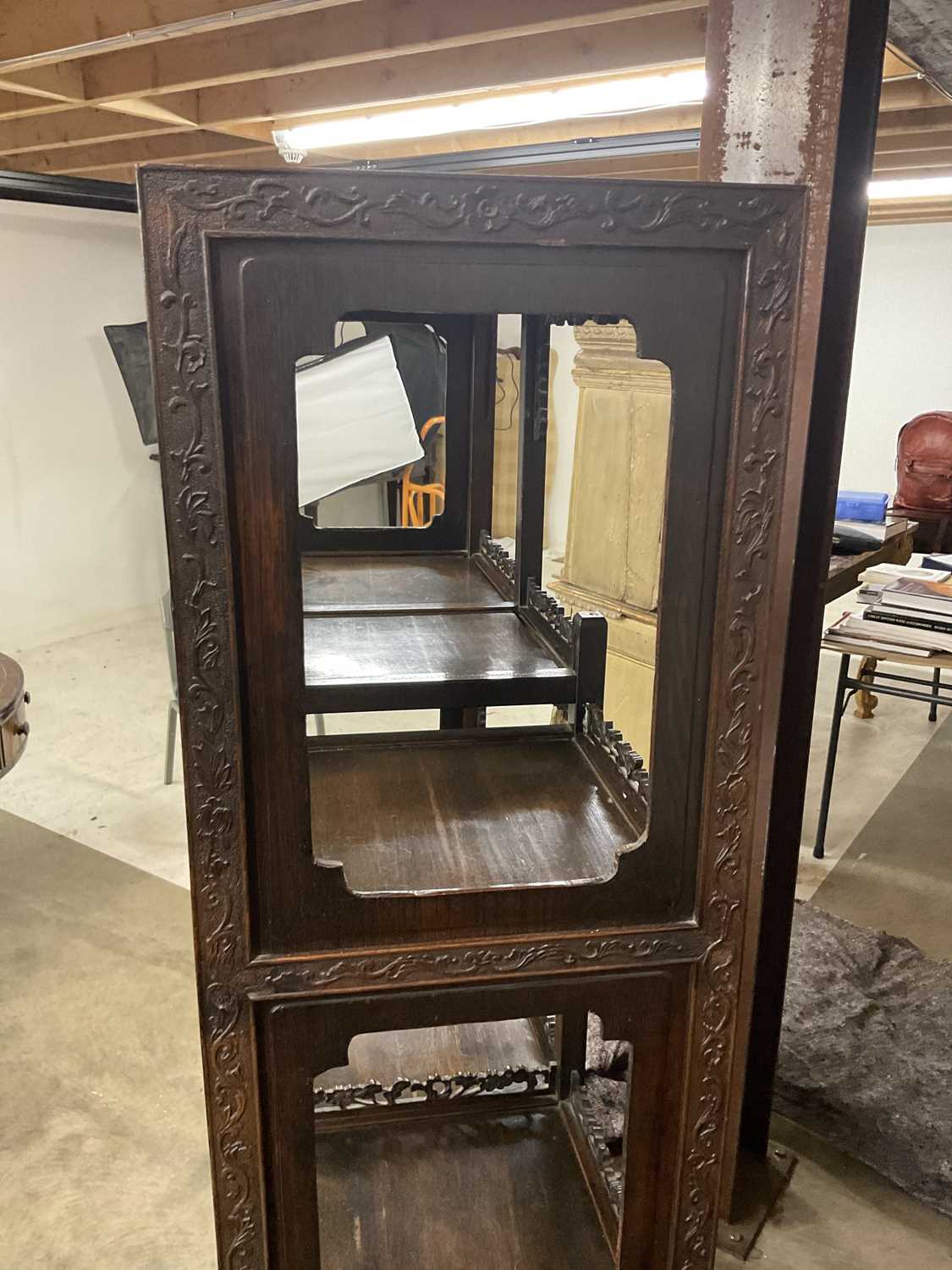 A Chinese Export Carved Hardwood Display Cabinet, early 20th century, the framework carved as a - Image 8 of 12