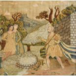 Georgian Silk Work Embroidered Picture of a shepherd with sheep drinking by a well, with two