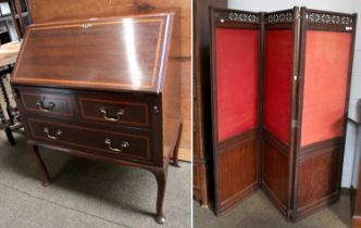 An Edwardian Mahogany and Crossbanded Bureau, fall flap, fitted interior, two short over one long