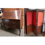 An Edwardian Mahogany and Crossbanded Bureau, fall flap, fitted interior, two short over one long