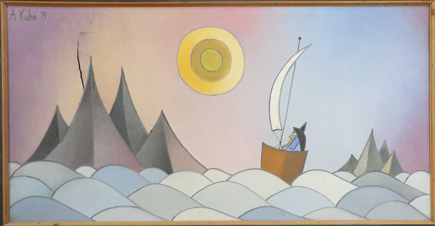 Andrzej Kuhn (1929-2014) Polish-British Man in a boat looking towards the sun Signed and dated (19) - Image 2 of 9