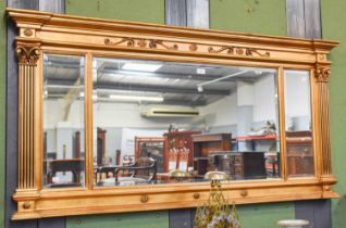 A Reproduction Regency Style Giltwood Tryptic Overmantle Mirror, of architectural form, Corinthium