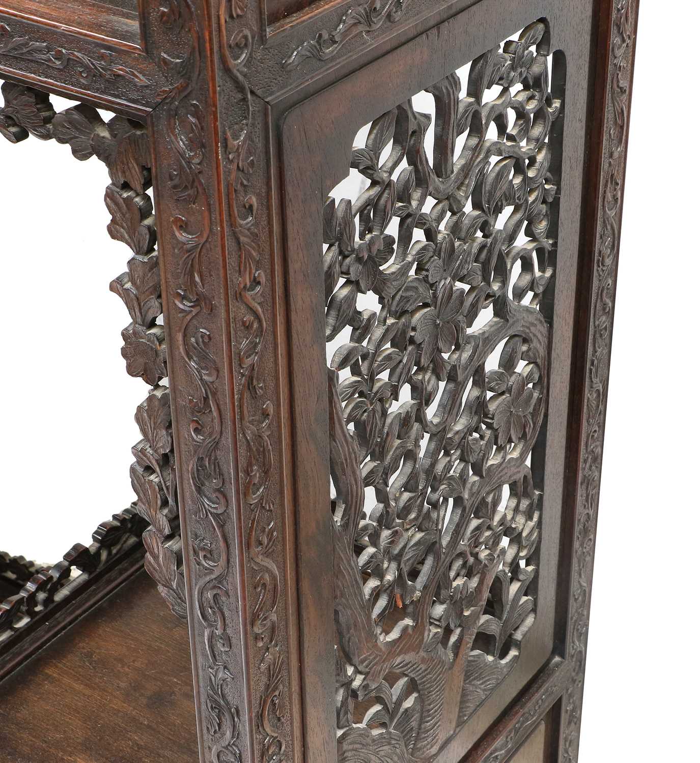 A Chinese Export Carved Hardwood Display Cabinet, early 20th century, the framework carved as a - Image 5 of 12