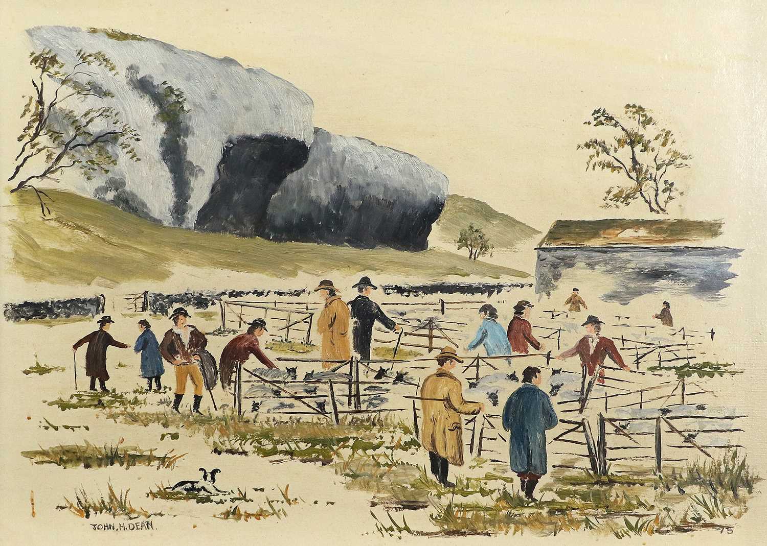 John H. Dean (b.1930) Kilnsey Show with figures attending sheep in pens Signed, labelled verso,