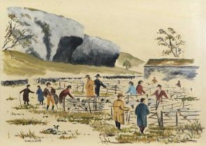 John H. Dean (b.1930) Kilnsey Show with figures attending sheep in pens Signed, labelled verso,