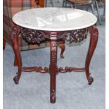 A Carved Hardwood Table with Circular Marble Top in the Oriental Taste, elaborate carved detail, X