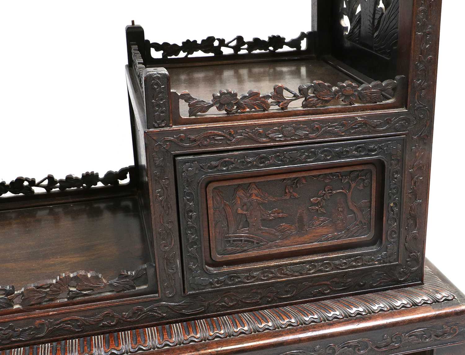 A Chinese Export Carved Hardwood Display Cabinet, early 20th century, the framework carved as a - Image 3 of 12