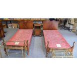 A Pair of Denby and Spinks Ltd. Walnut and Mahogany Single Beds, with Somnus mattresses, 200cm by