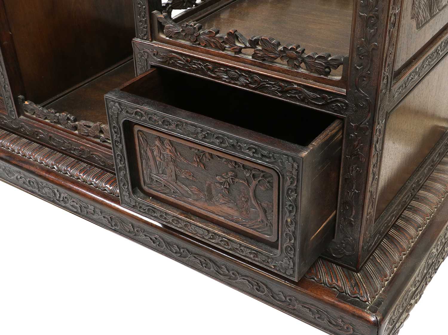 A Chinese Export Carved Hardwood Display Cabinet, early 20th century, the framework carved as a - Image 2 of 12