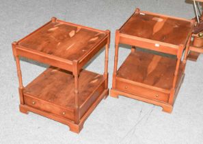 A Pair of Barton Reproduction Yew Wood Two Tier Bedside Tables, with ring turned supports and each