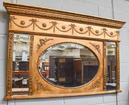 A 19th century Style Gilt Overmantle Mirror, of architectural form with central oval plate,