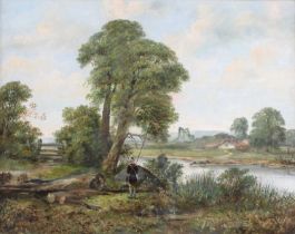 J*A* Smith Fisherman beside a river Signed, oil on canvas board, 42.5cm by 54cm