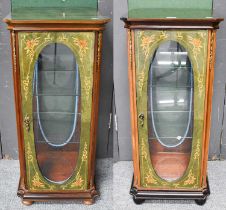 A Pair of Reproduction Marquetry Display Cabinets, of plinth form, each with four oval glazed