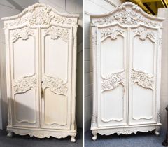 A Pair of Large French Style White Painted Twin Door Armoire, 230cm by 123cm by 61cm