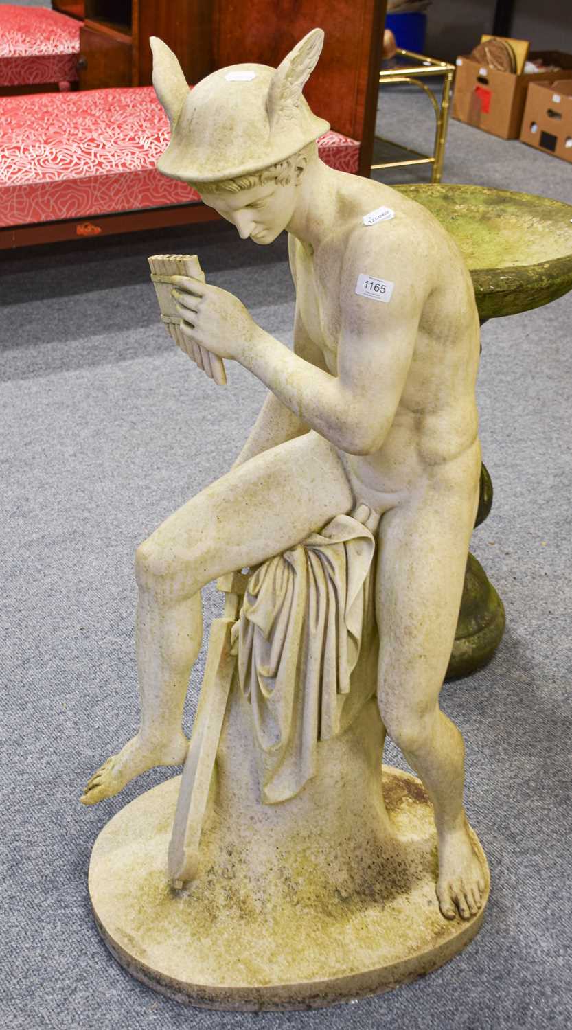 A Composite Garden Figure of Mercury, with sword and panpipes, on plinth base, 116cm high