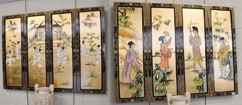 Two Modern Chinese Black Lacquered Wall Panels, with gilt, hand painted and relief decoration,