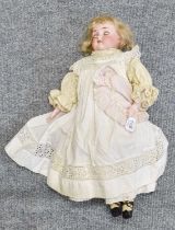 Bisque Shoulder Head Doll, impressed S&H sleeping blue eyes, open mouth, teeth, blonde wig, on a kid