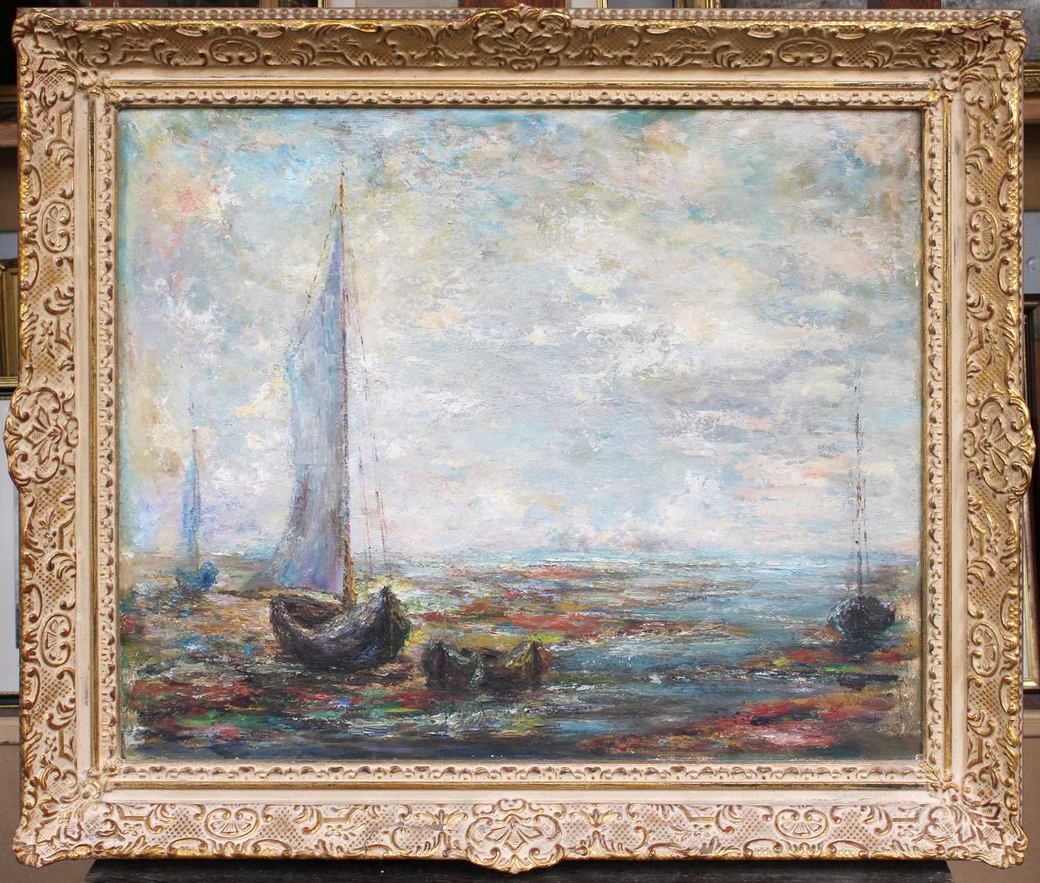 J*W*Taylor (Early 20th Century) Sailing boat on an estuary Oil on board, 49cm by 59.5cm - Image 2 of 2