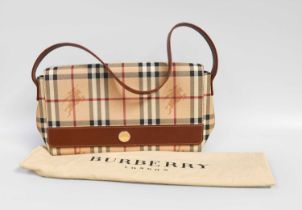 Burberry Canvas Shoulder Bag with flap to the front, gilt-tone hardware, tan leather mounts and