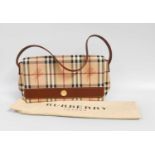 Burberry Canvas Shoulder Bag with flap to the front, gilt-tone hardware, tan leather mounts and
