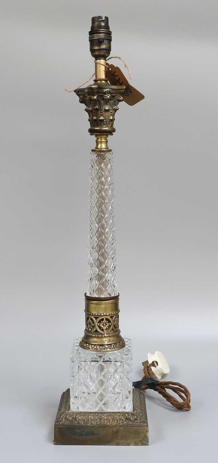 A Mid Century Glass and Gilt Metal Column Lamp, 58cm high