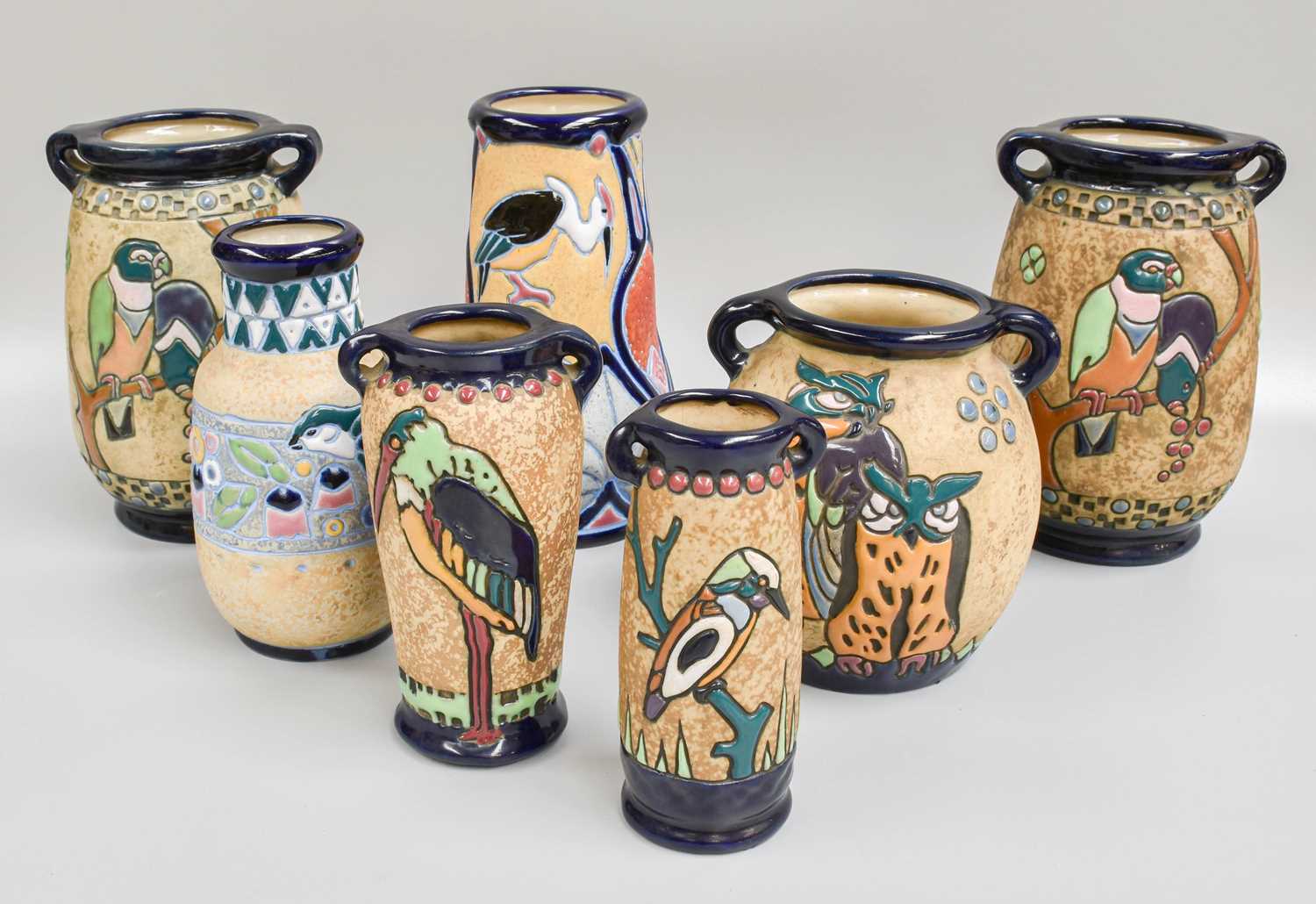 Austrian Amphora Pottery Vases, decorated with various birds, tallest 18cm high (one tray) General