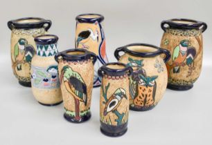 Austrian Amphora Pottery Vases, decorated with various birds, tallest 18cm high (one tray) General