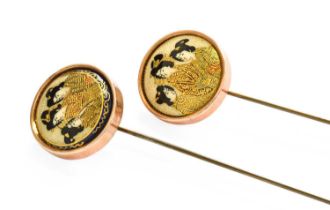 A Cased Pair of Hatpins, the terminals set with Satuma earthenware roundals