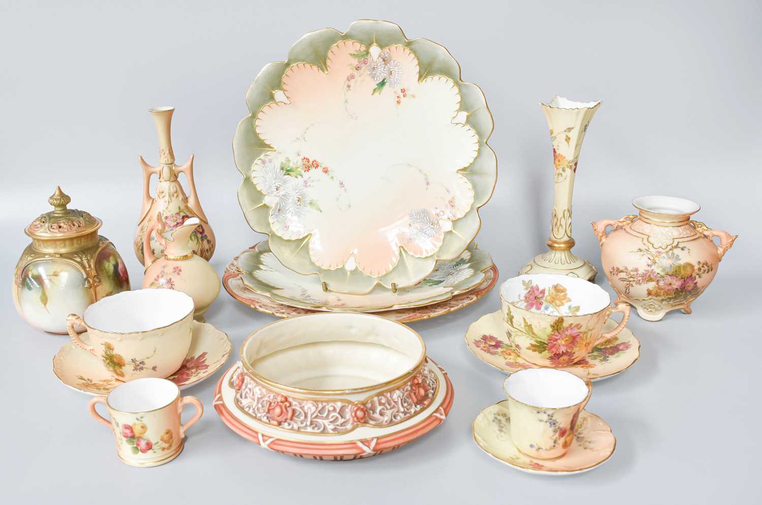 A Collection of Royal Worcester Blush Ivory, including vases, tea cups and saucers, pot pourri