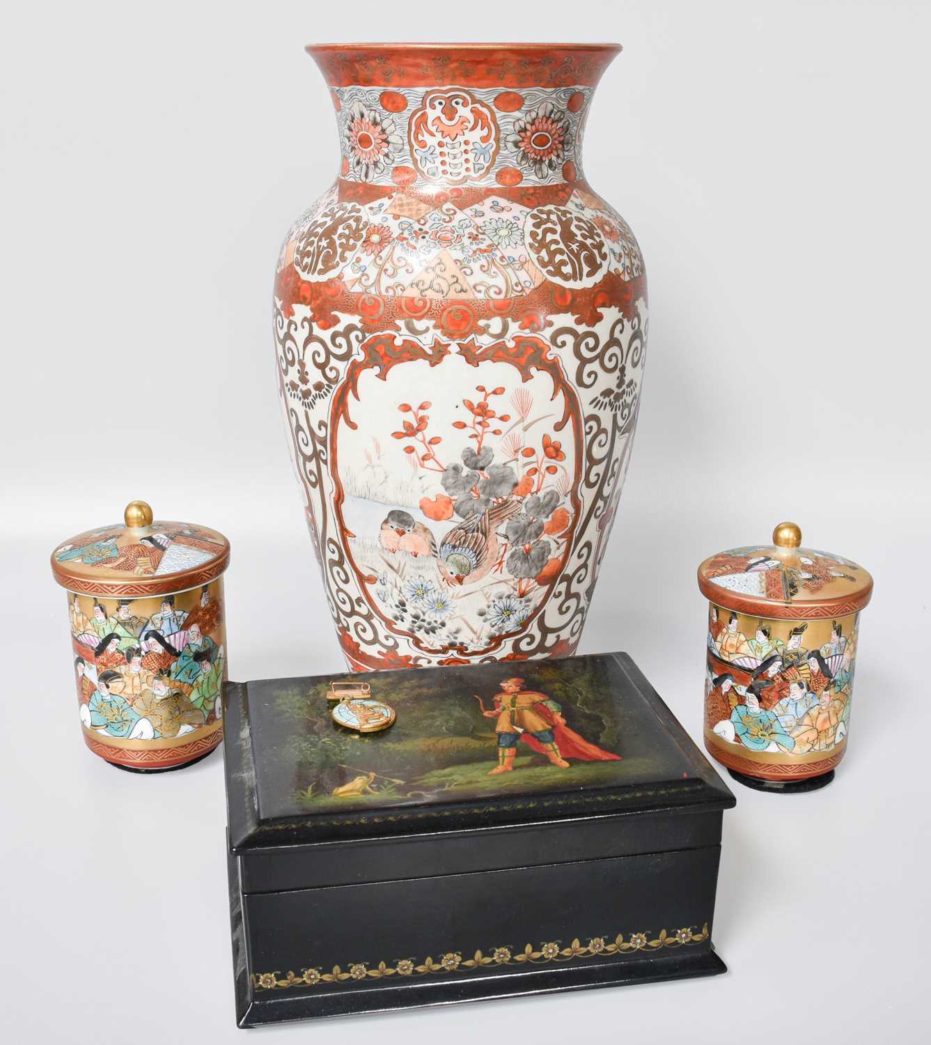 A Japanese Kutani Vase, circa 1910, two modern Japanese Satsuma jars and covers, and a Russian