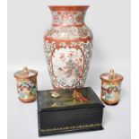 A Japanese Kutani Vase, circa 1910, two modern Japanese Satsuma jars and covers, and a Russian