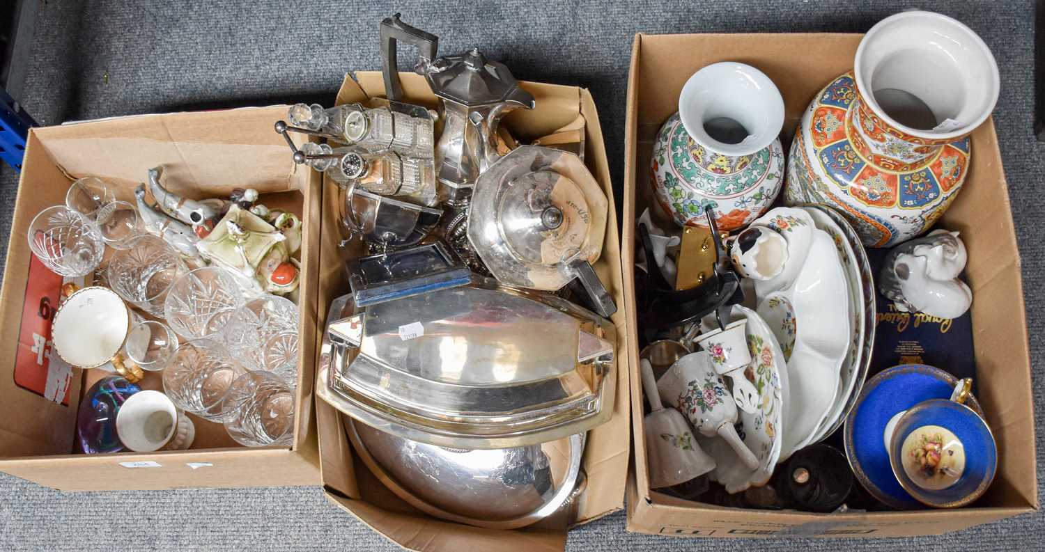 Three Boxes of Household Ceramics, glass and silver plate, caithness paperweight, entree dishes, tea