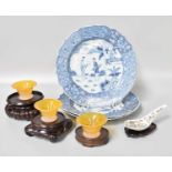 A Set of Three 19th Century Chinese Export Blue and White Plates, three Chinese Agate footed