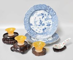 A Set of Three 19th Century Chinese Export Blue and White Plates, three Chinese Agate footed