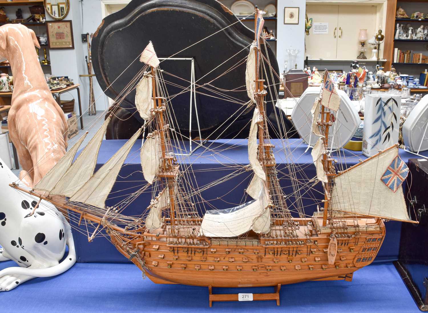 A 20th Century Model of HMS Victory in Full Sail, on stand, 75cm high with explanatory card (a.f.) - Image 2 of 2