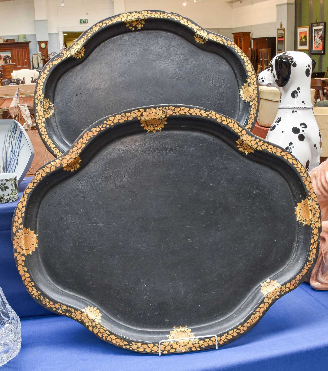 Two Victorian Papier Mache Trays, largest 77.5cm by 61cm