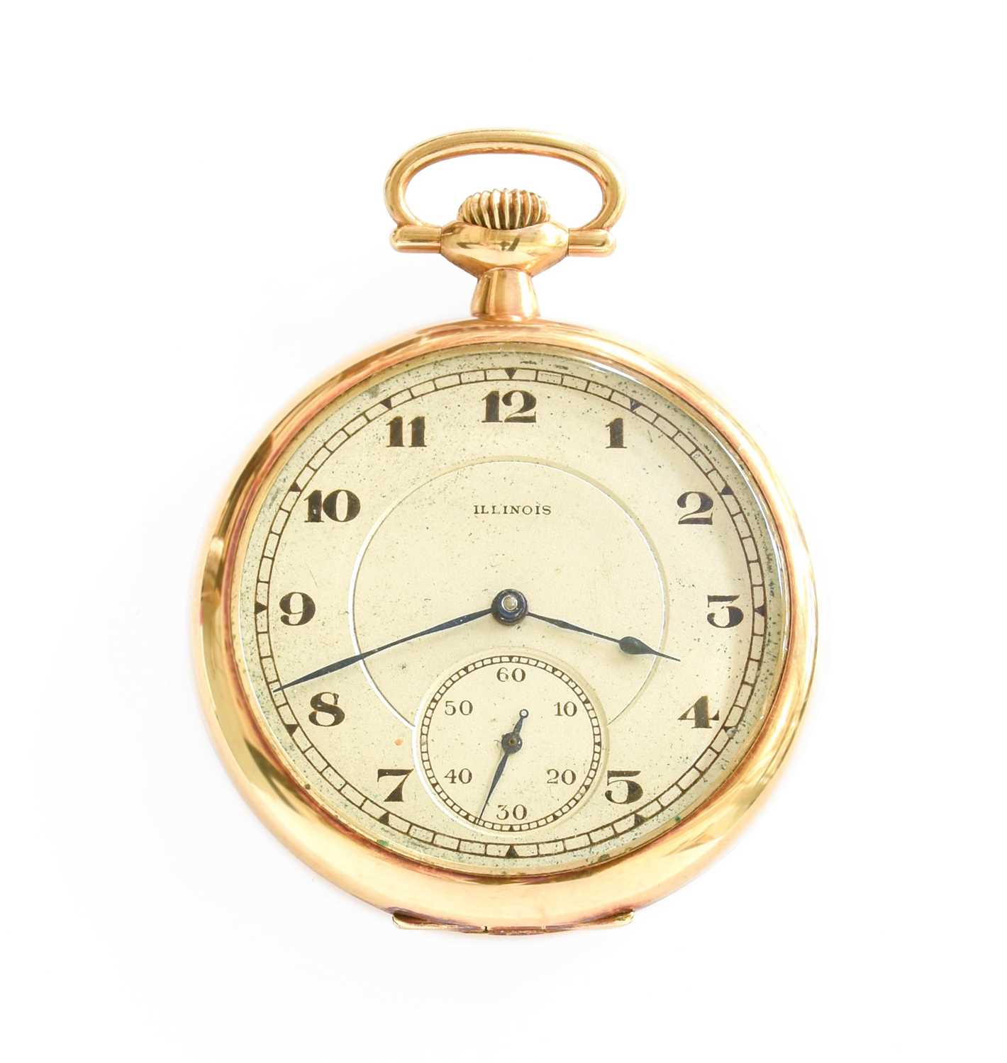 A 14 Carat Gold Open Faced Pocket Watch, signed Illinois No dust cover  Outer case diameter - 44mm